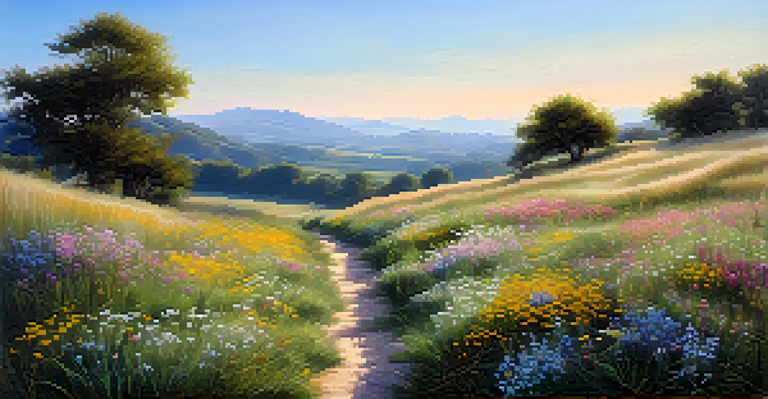 A tranquil meadow with wildflowers and a winding path under a clear blue sky.