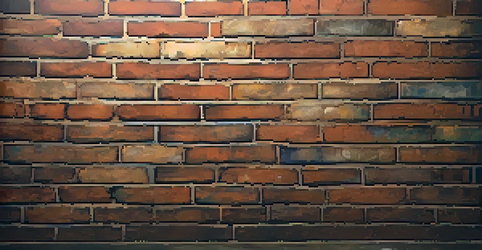 A close-up of a textured wall painted to resemble aged brick, highlighting its depth and imperfections, with hints of a theatrical set in the background.