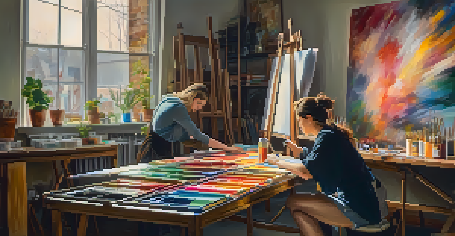 Two artists collaborating in a cozy studio, working side by side on a large canvas with vibrant colors and warm lighting.