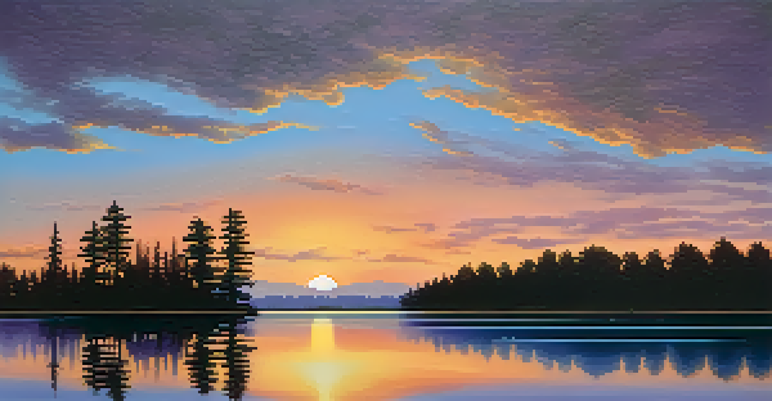 A peaceful sunset over a lake, showcasing a blend of warm and cool colors in the sky and reflections in the water.