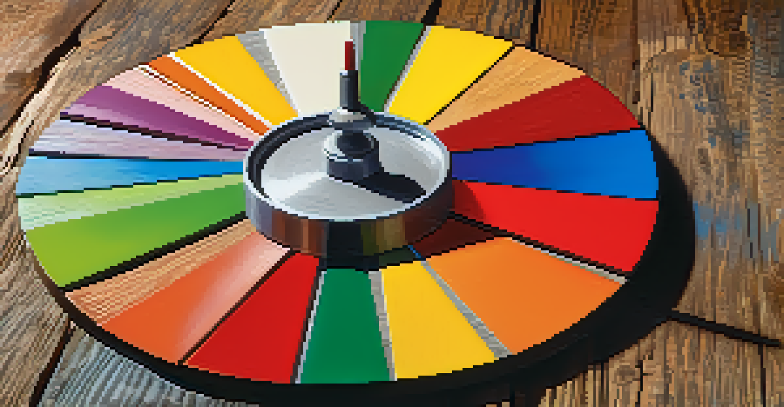 A colorful close-up of a color wheel against a wooden background.