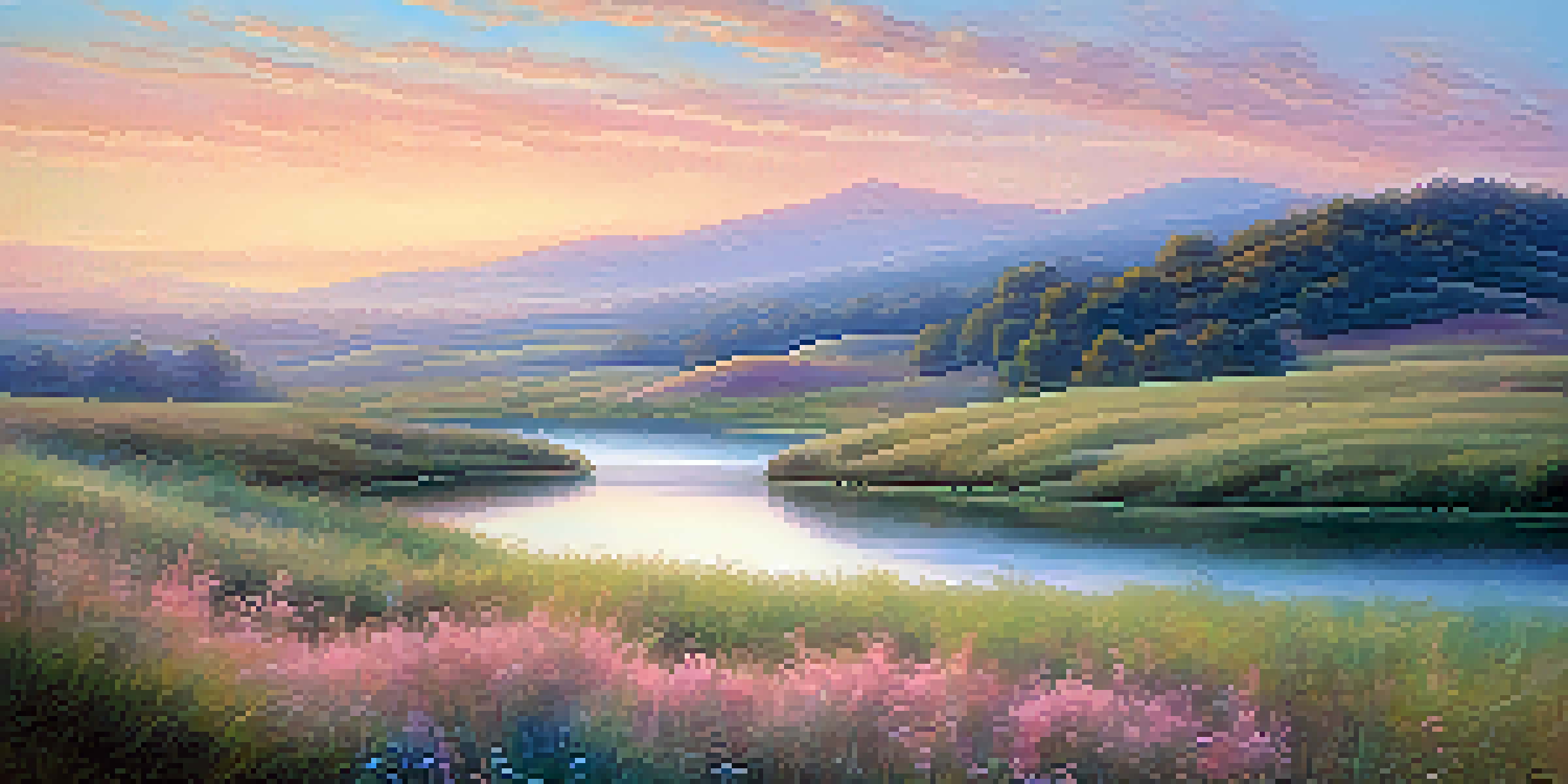 A peaceful landscape with rolling hills and a winding river under a pastel-colored sky at dawn, featuring wildflowers in the foreground.