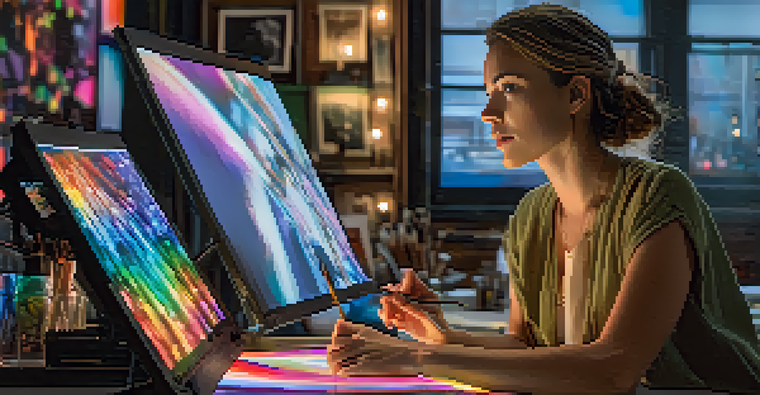 A woman artist working in her studio, surrounded by digital screens and colorful artwork, with a focused expression as she paints on a tablet.