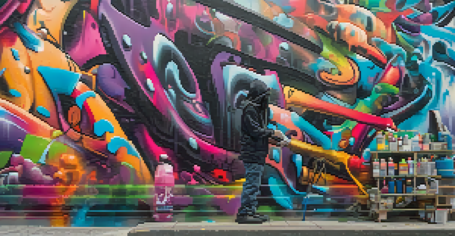 A close-up shot of a graffiti artist creating a mural, surrounded by colorful spray paint cans and vibrant designs.