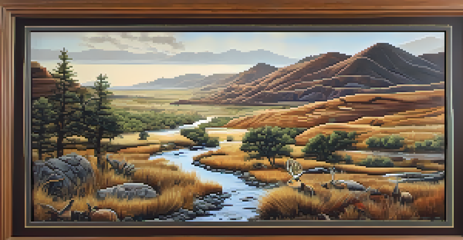 A landscape painting reflecting Native American views of nature, featuring hills, a river, and wildlife, framed by Indigenous symbols.