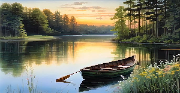 A peaceful watercolor landscape featuring a calm lake, green forests, and a soft sunset sky, with wildflowers in the foreground.