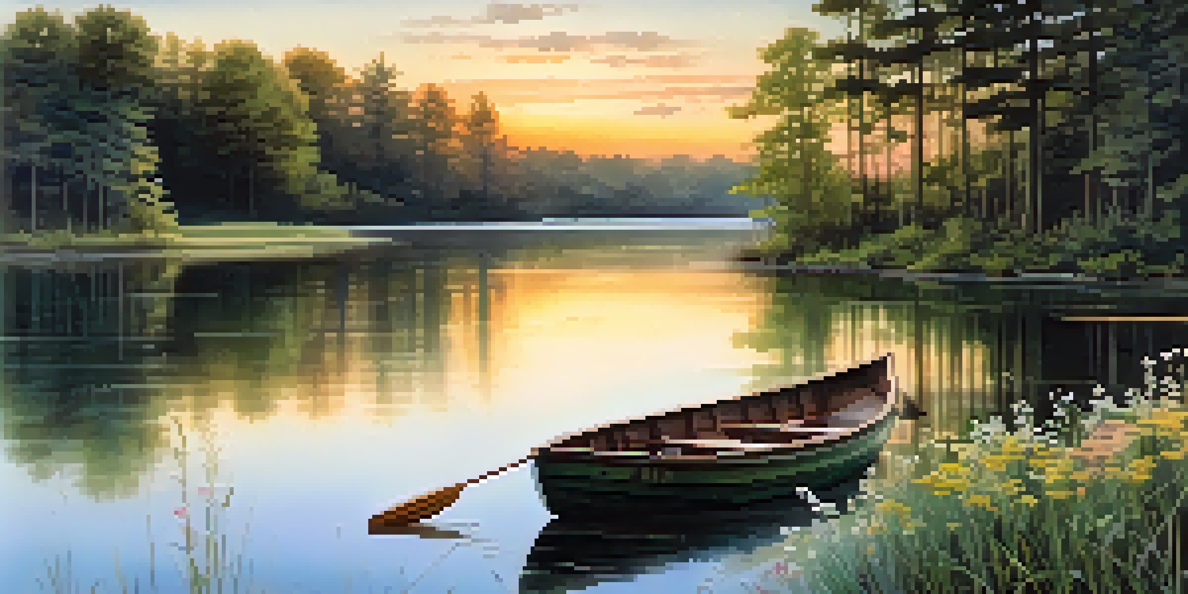 A peaceful watercolor landscape featuring a calm lake, green forests, and a soft sunset sky, with wildflowers in the foreground.