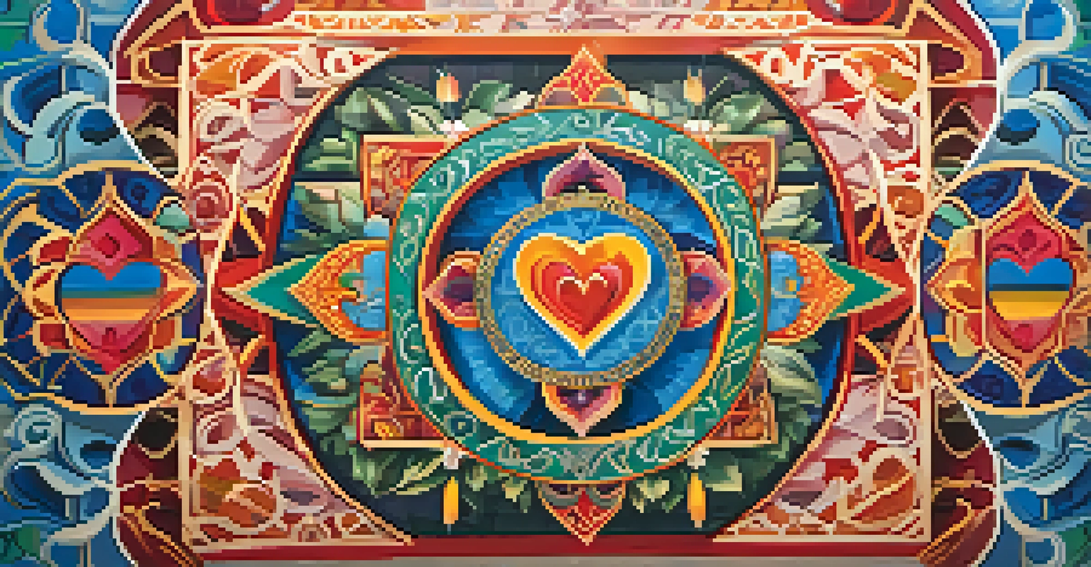 A colorful mural showcasing cultural symbols like a heart, lotus flower, and geometric patterns, representing unity and diversity.