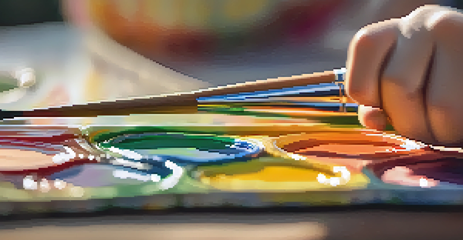 A child's hand holding a paintbrush, painting on a canvas with a colorful palette beside them, illuminated by warm afternoon light.