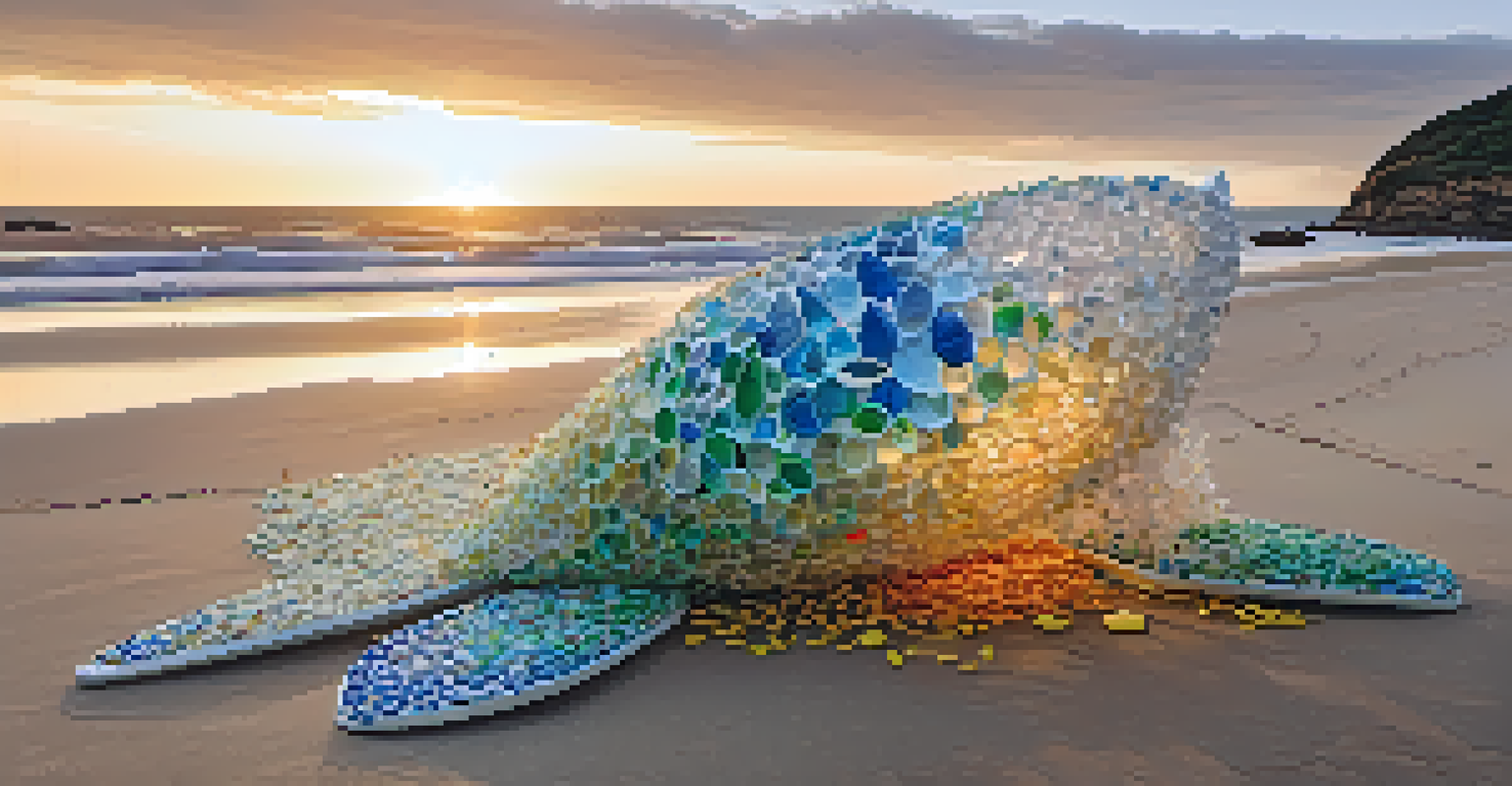 An outdoor sculpture made from plastic waste on a beach, highlighting the issue of ocean pollution during sunset.