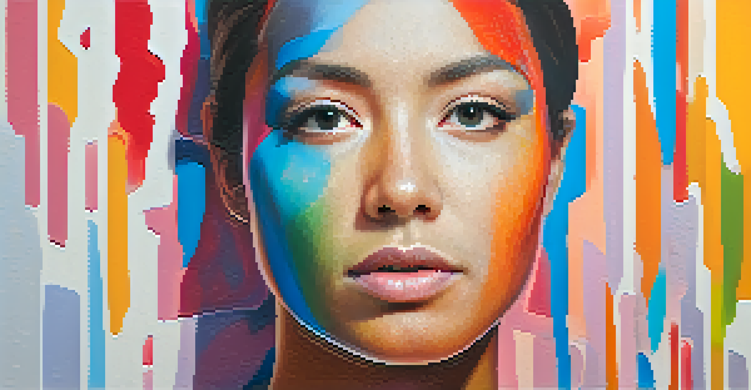 A person standing confidently with bold abstract body paint, set against a soft gradient background.