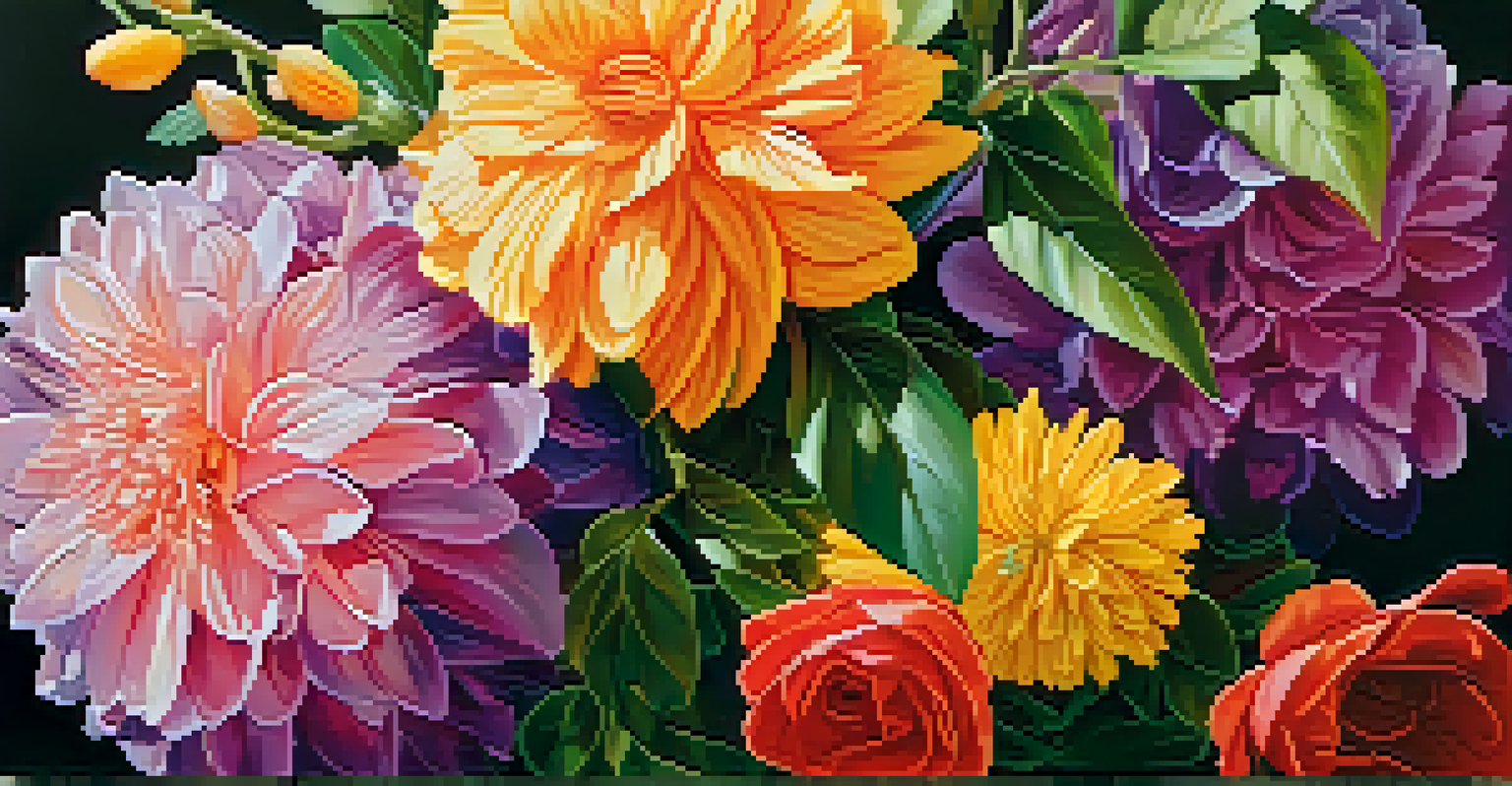 A close-up view of a vibrant tempera painting of a floral arrangement, highlighting the intricate details and textures in soft, diffused lighting.