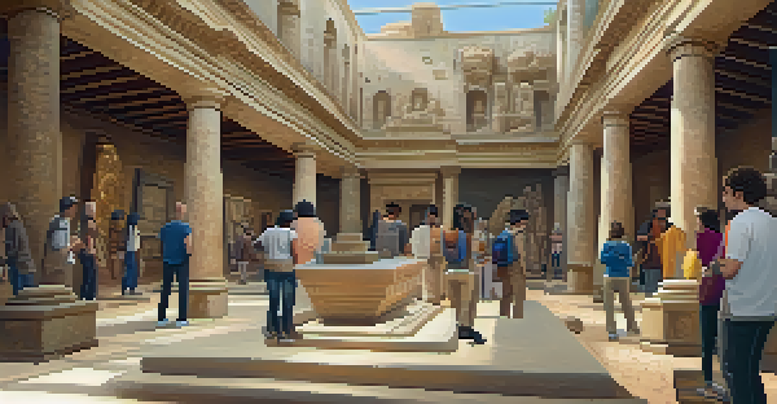 A virtual museum tour showcasing diverse visitors exploring a digitally recreated ancient ruin, interacting with holographic artifact displays in a warm, inviting light.