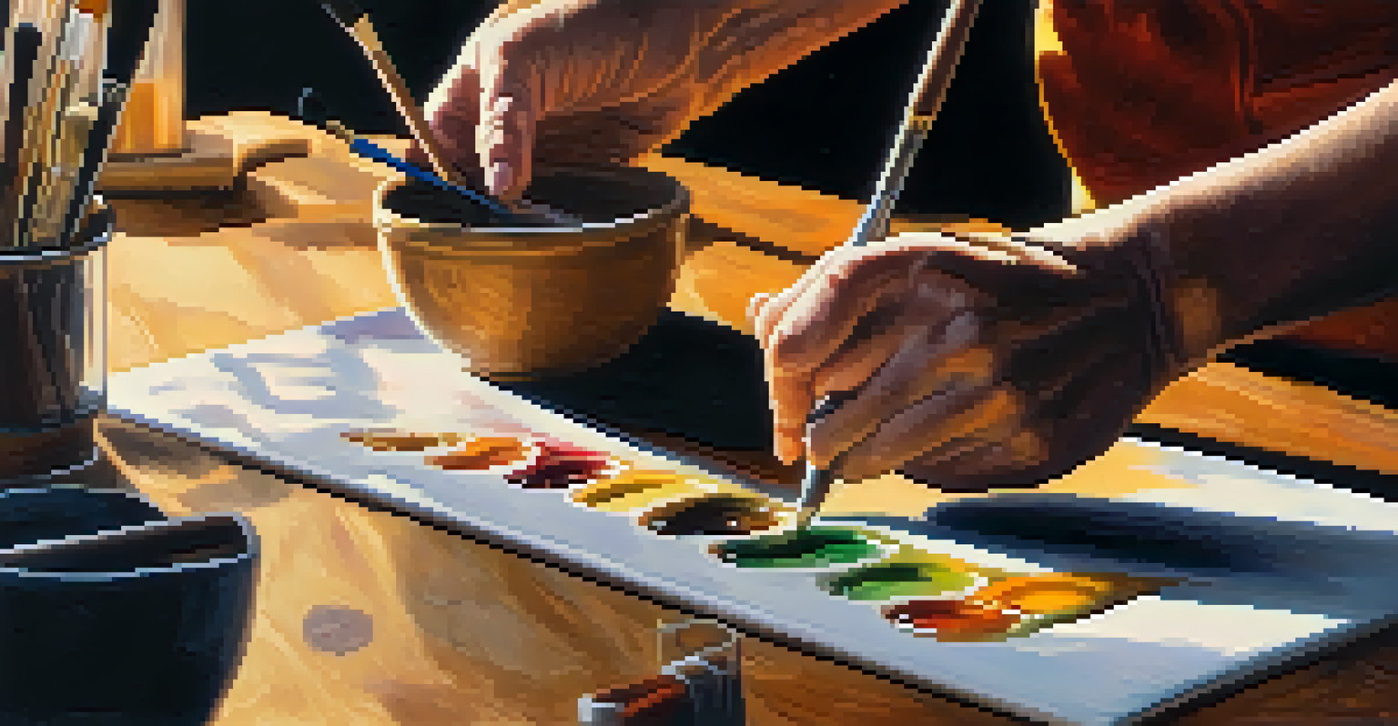 An artist's hands mixing egg tempera paint on a wooden palette, surrounded by art tools and a painting in progress.