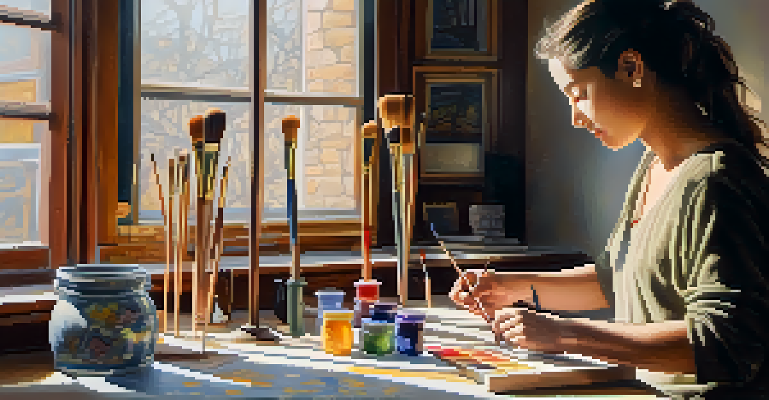 An artist working in a bright studio, painting on a canvas that merges local culture with global themes, surrounded by art supplies and a window view.