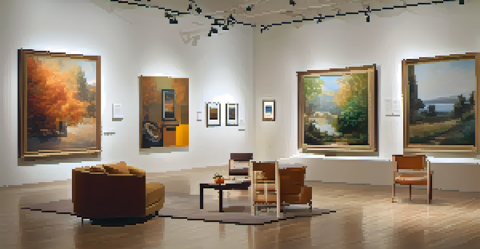 A serene art exhibition space with artworks arranged thoughtfully and warm lighting, inviting reflection and engagement.