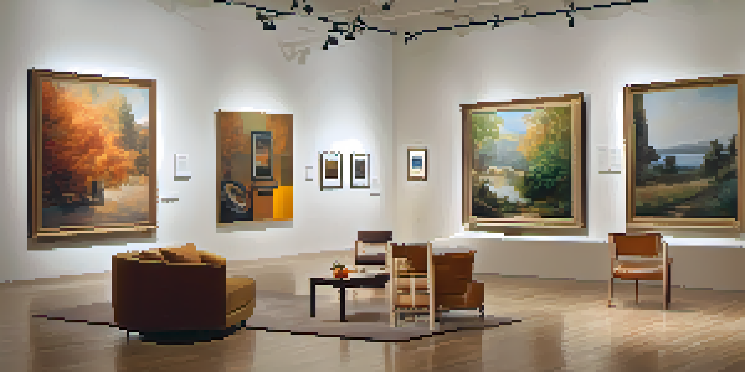 A serene art exhibition space with artworks arranged thoughtfully and warm lighting, inviting reflection and engagement.