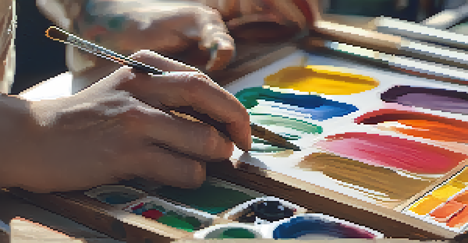 A close-up of an artist's hands mixing paints on a palette, with sketches and sunlight in the background.