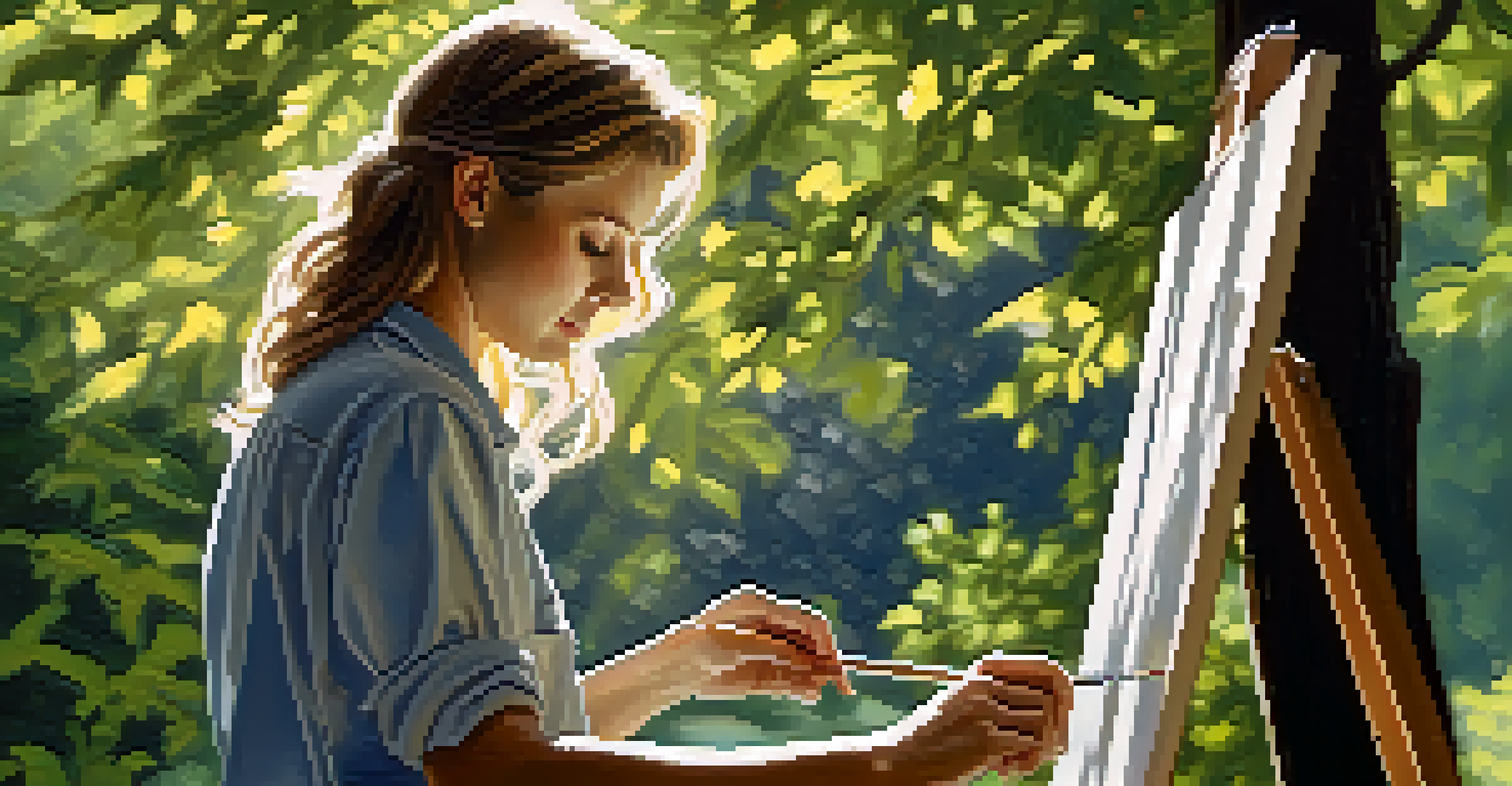 An artist painting outdoors with sunlight filtering through trees, showing brush strokes and vibrant colors.