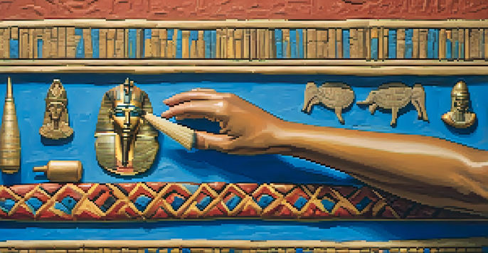 A close-up of an ancient Egyptian artist's hand with a reed brush above a colorful fresco, highlighting hieroglyphs and vibrant pigments.