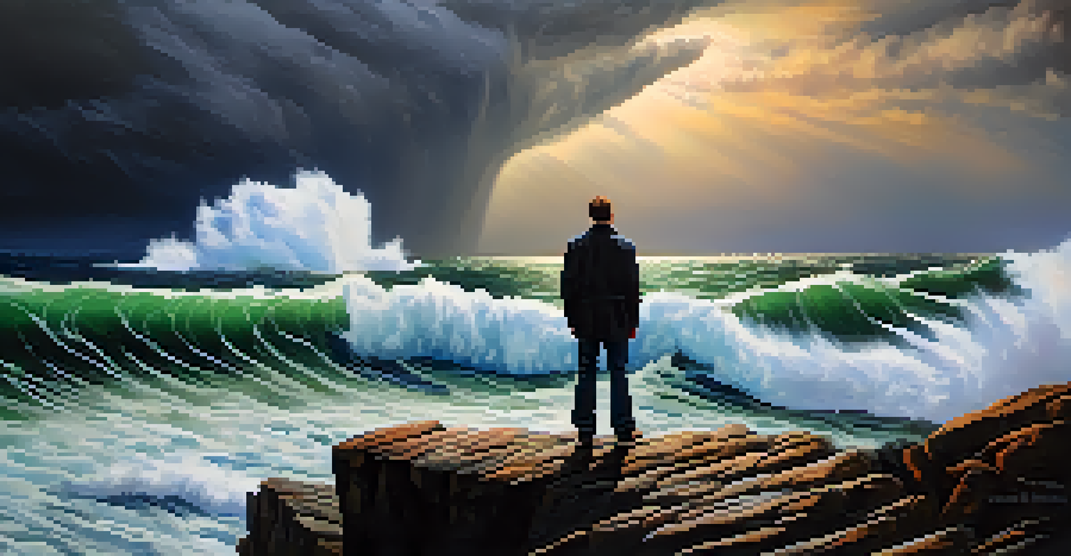 A person on a cliff facing powerful waves and dark storm clouds.