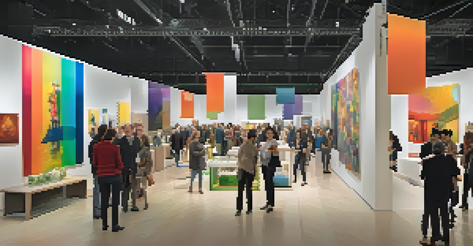 A lively art exhibition with a crowd, modern decor, and staff assisting visitors.