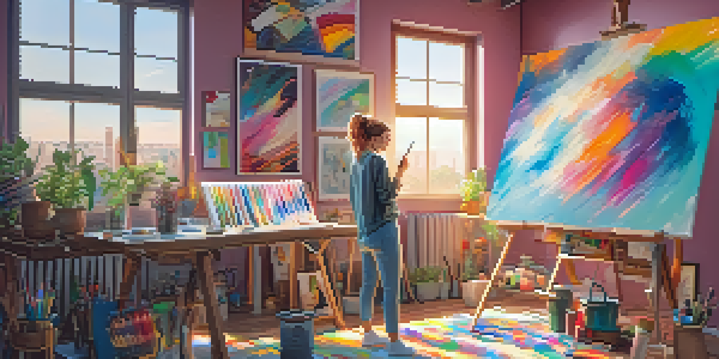 A young woman artist in a cozy studio, joyfully painting while recording content for TikTok, surrounded by colorful art supplies and canvases.
