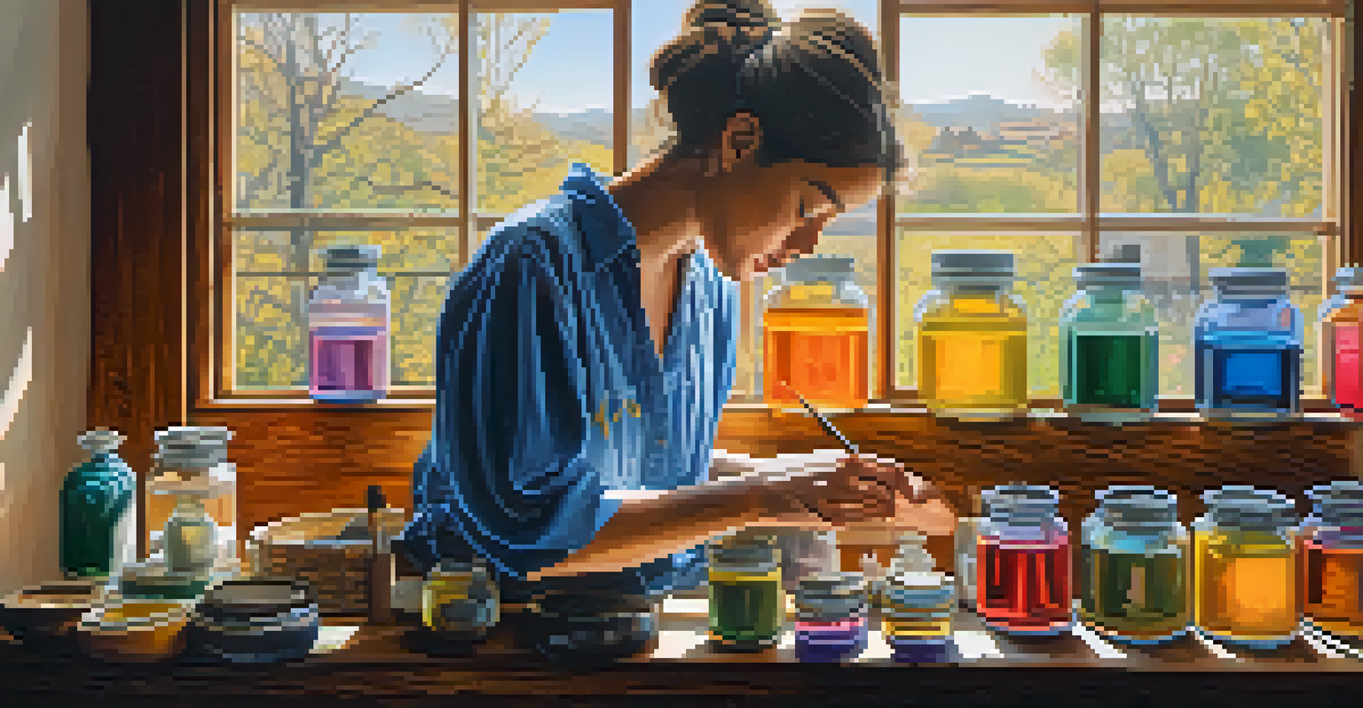 An artist applying layers of tempera paint to a wooden panel, with brushes and jars surrounding them, illuminated by bright sunlight.