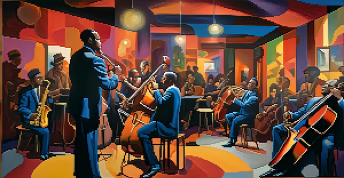 A lively jazz club with musicians playing a saxophone and double bass, surrounded by colorful expressionist paintings.