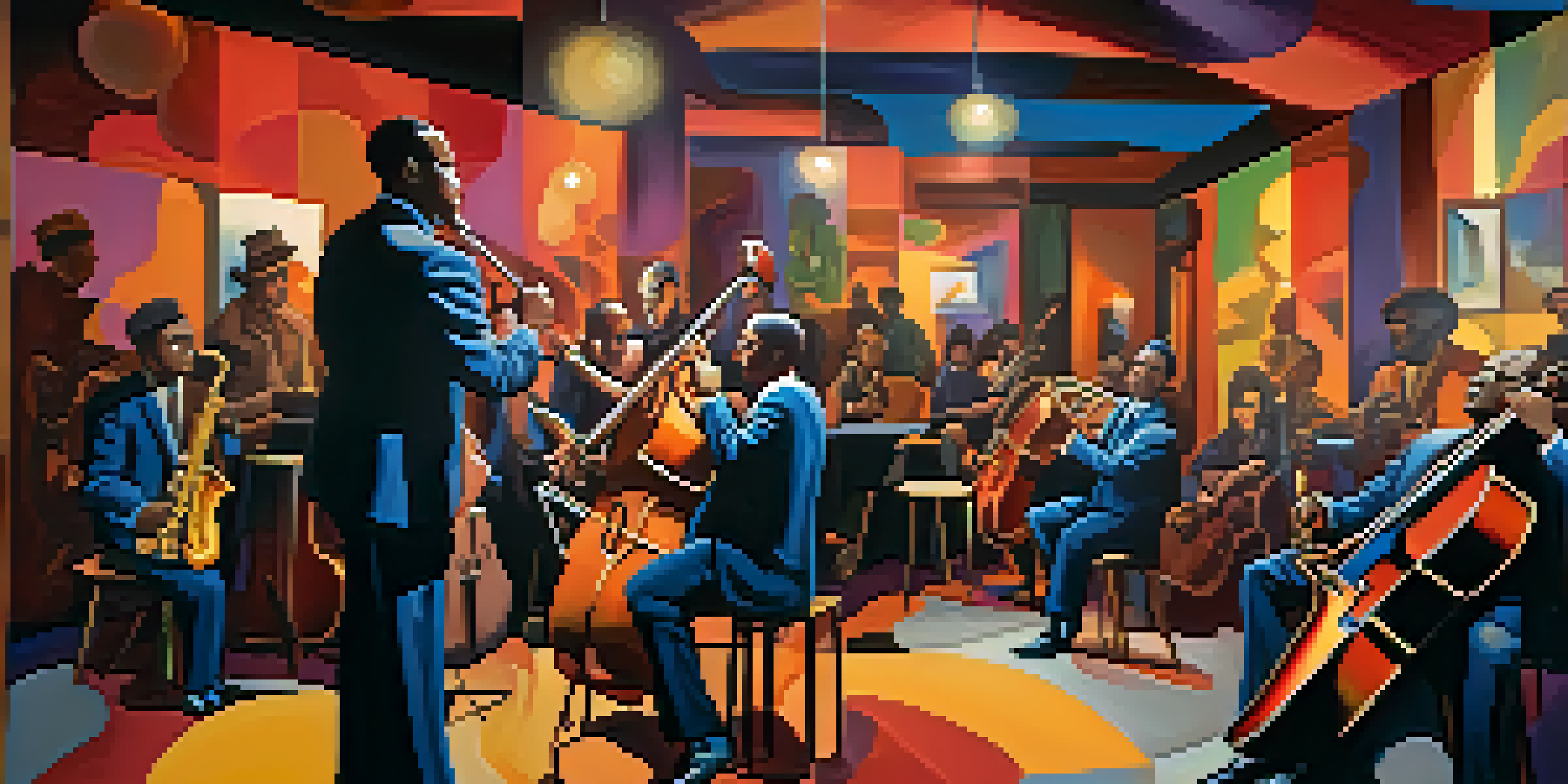 A lively jazz club with musicians playing a saxophone and double bass, surrounded by colorful expressionist paintings.
