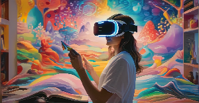 A person engaged in a virtual reality art therapy session, wearing a headset and surrounded by colorful digital art in a soothing environment.