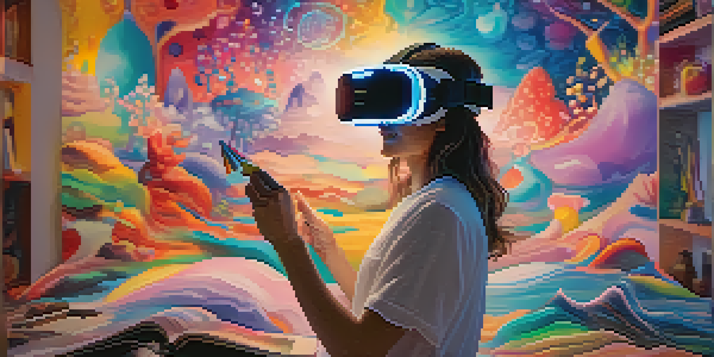 A person engaged in a virtual reality art therapy session, wearing a headset and surrounded by colorful digital art in a soothing environment.