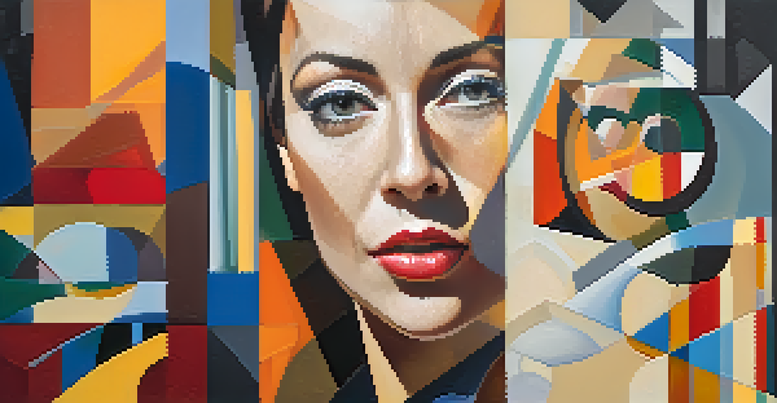 A cubist portrait of a woman with angular features and bold colors against an abstract background.