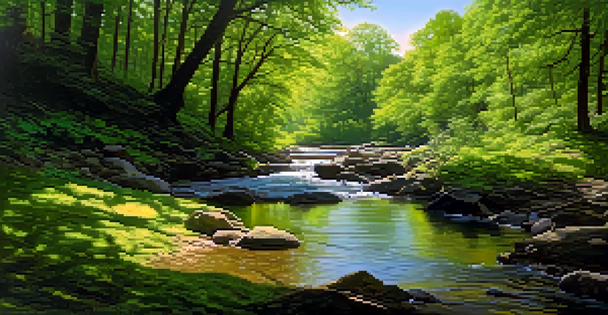 A tranquil forest scene with a stream and a person sitting on a rock, reflecting a moment of contemplation in nature.