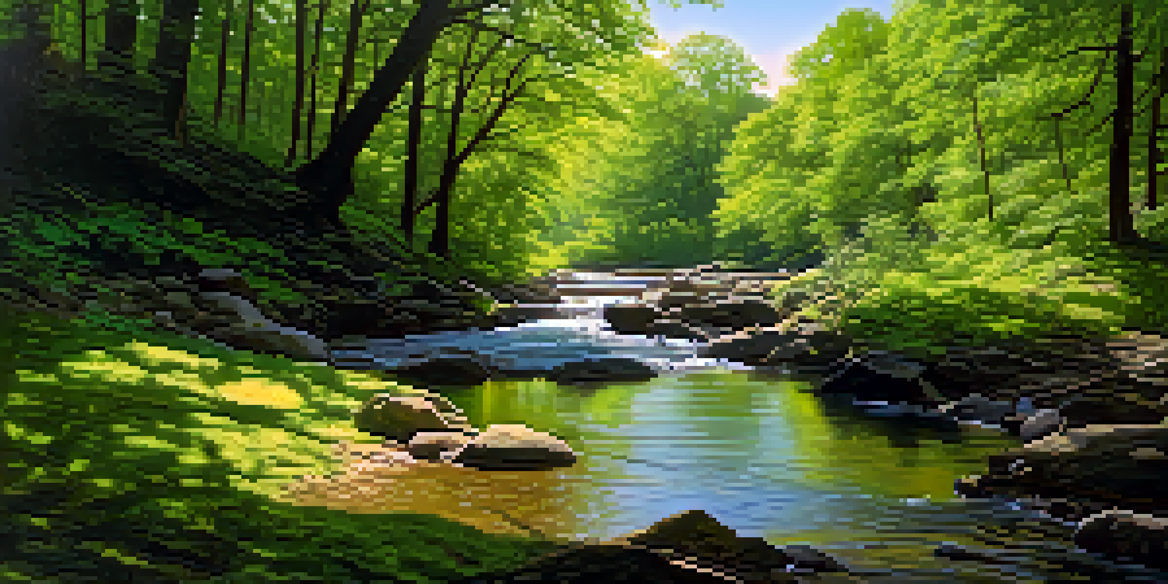 A tranquil forest scene with a stream and a person sitting on a rock, reflecting a moment of contemplation in nature.