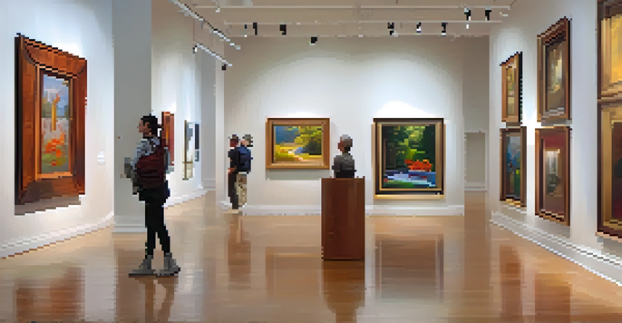 A bright art gallery filled with colorful artworks and visitors admiring the pieces in a serene environment.