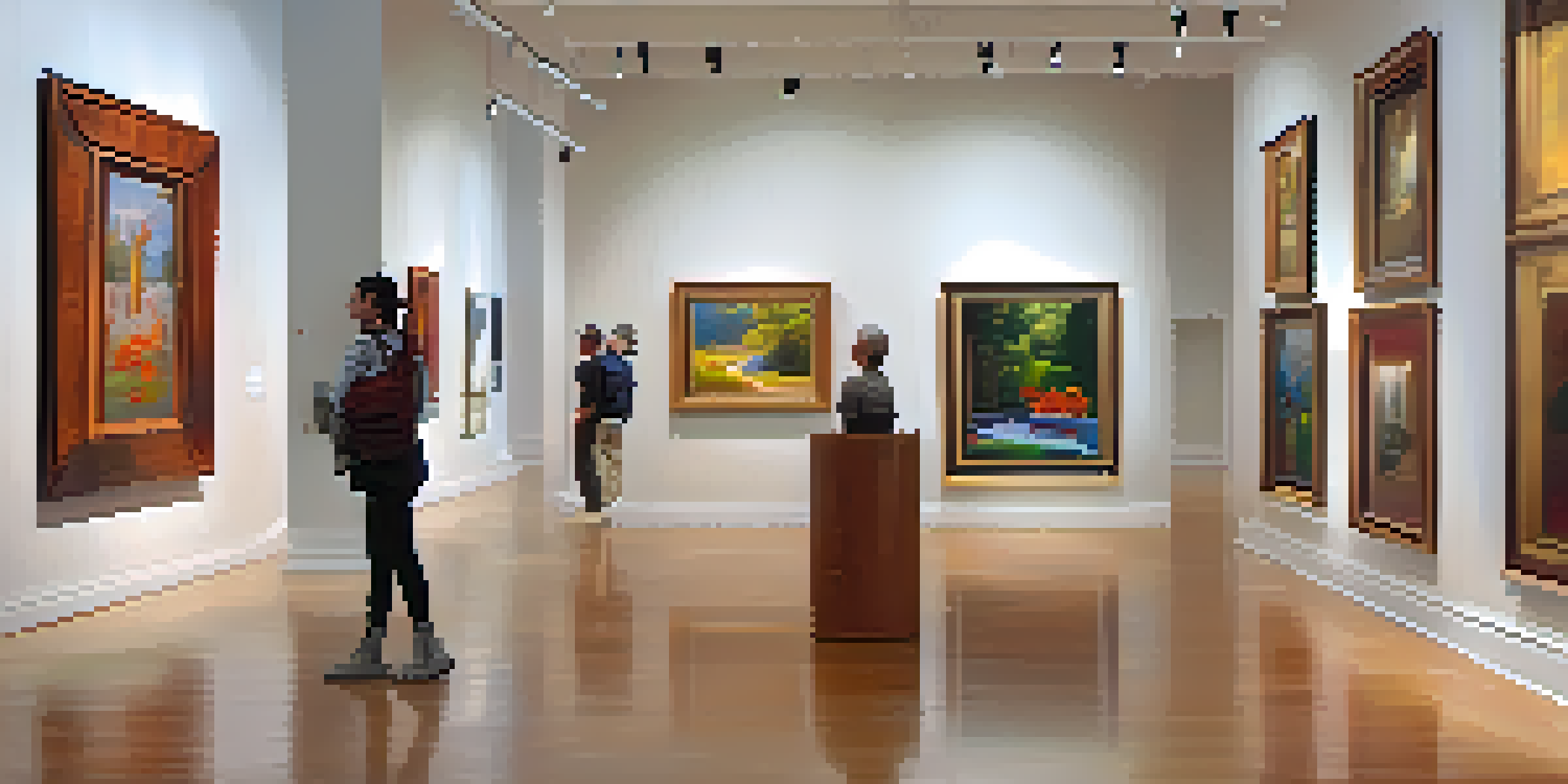 A bright art gallery filled with colorful artworks and visitors admiring the pieces in a serene environment.