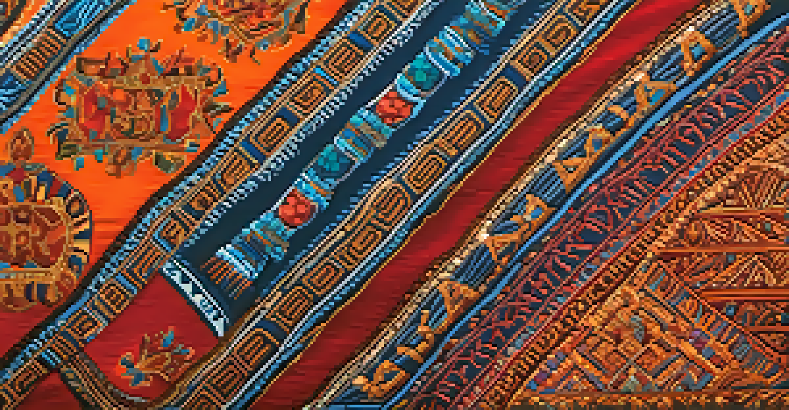 A close-up of a colorful traditional textile pattern, displaying intricate designs and textures under soft lighting.