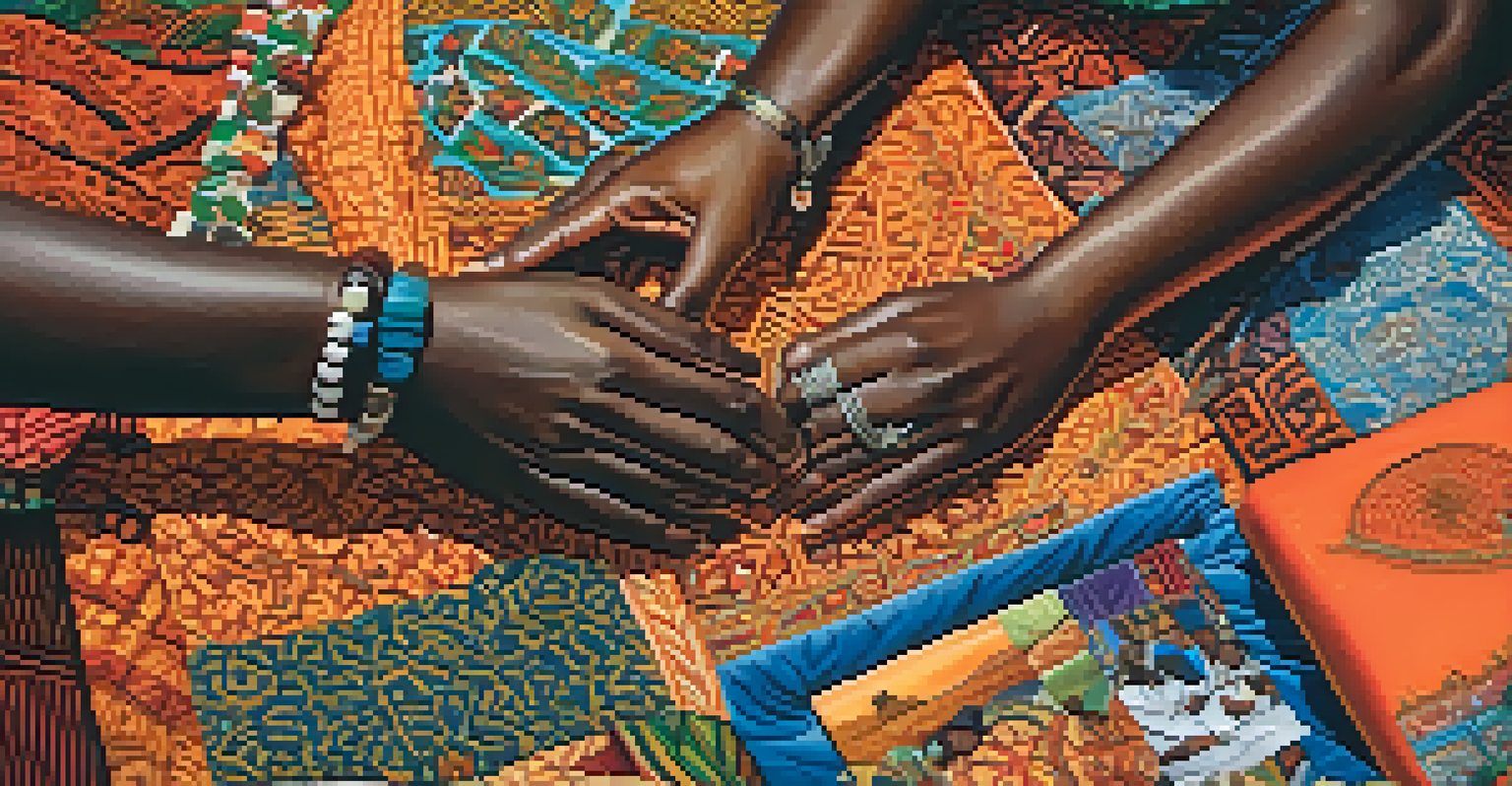 An artist's hands creating a colorful collage with Nigerian cultural elements, showcasing various textures and patterns in warm light.