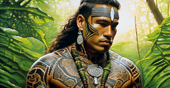 A close-up of a Maori warrior with intricate tattoos, surrounded by a lush green forest and warm sunlight.