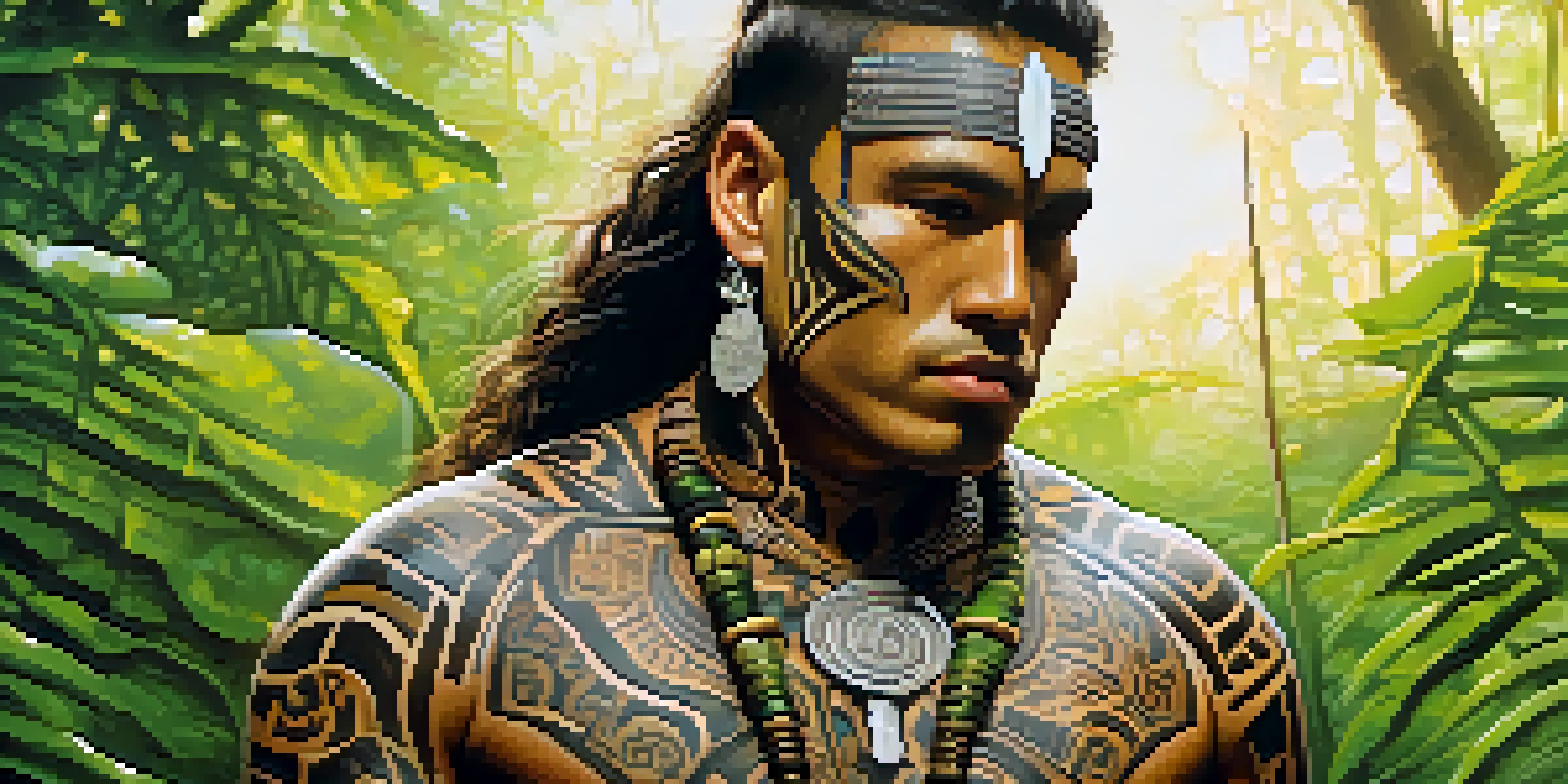 A close-up of a Maori warrior with intricate tattoos, surrounded by a lush green forest and warm sunlight.