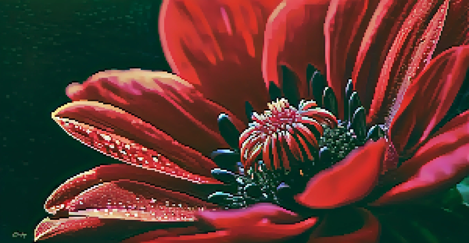 A vibrant red flower in full bloom with a dark blurred background, glistening with dew under soft lighting.