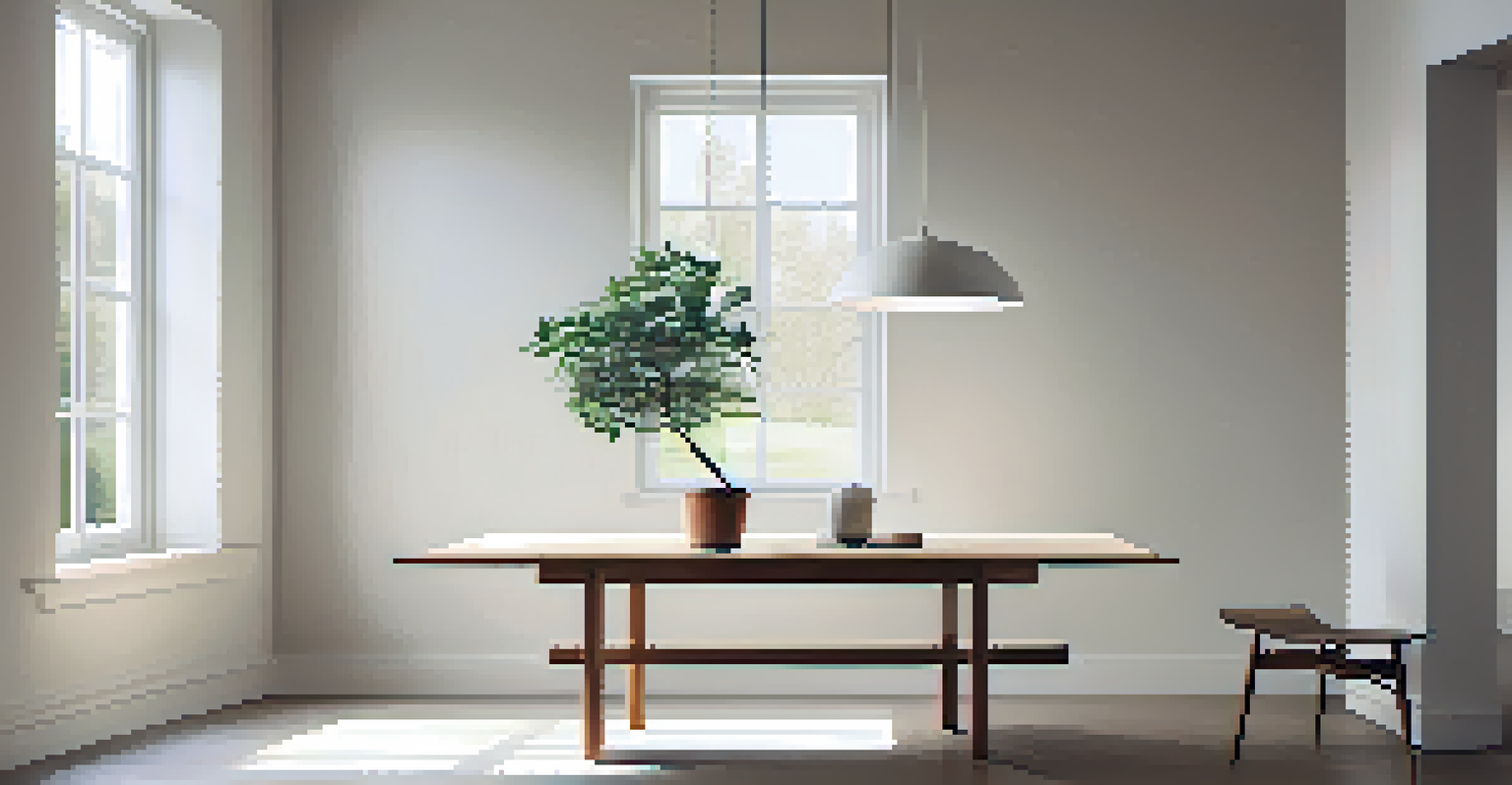 A minimalist interior with a wooden table and a single potted plant, illuminated by natural light, creating a peaceful atmosphere.