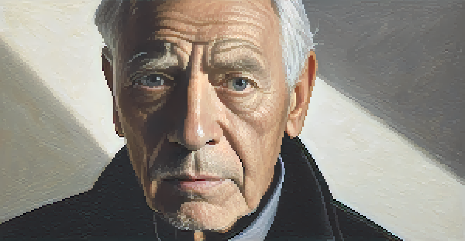 An elderly man with deep-set wrinkles is illuminated by a spotlight, emphasizing his facial features while the background remains dark.