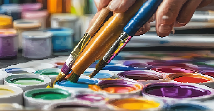 A close-up of a hand with a paintbrush applying colorful paint to a canvas, with an art studio in the background.