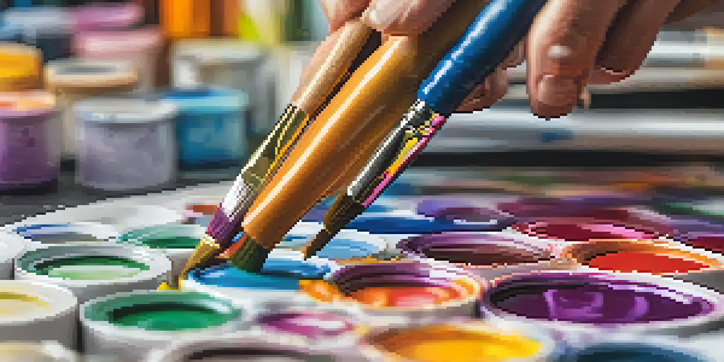 A close-up of a hand with a paintbrush applying colorful paint to a canvas, with an art studio in the background.