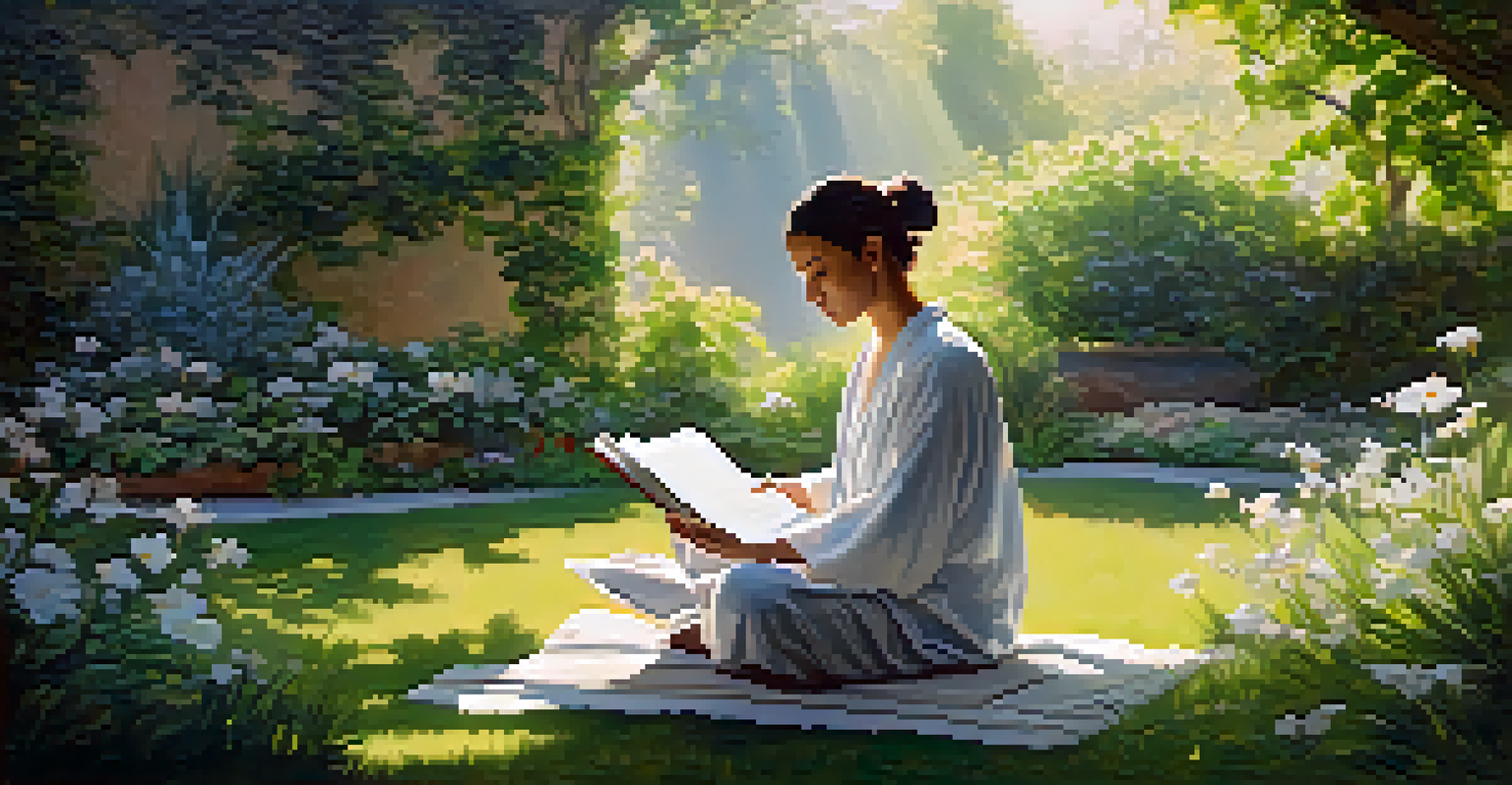 An artist meditating in a tranquil garden filled with flowers and greenery.