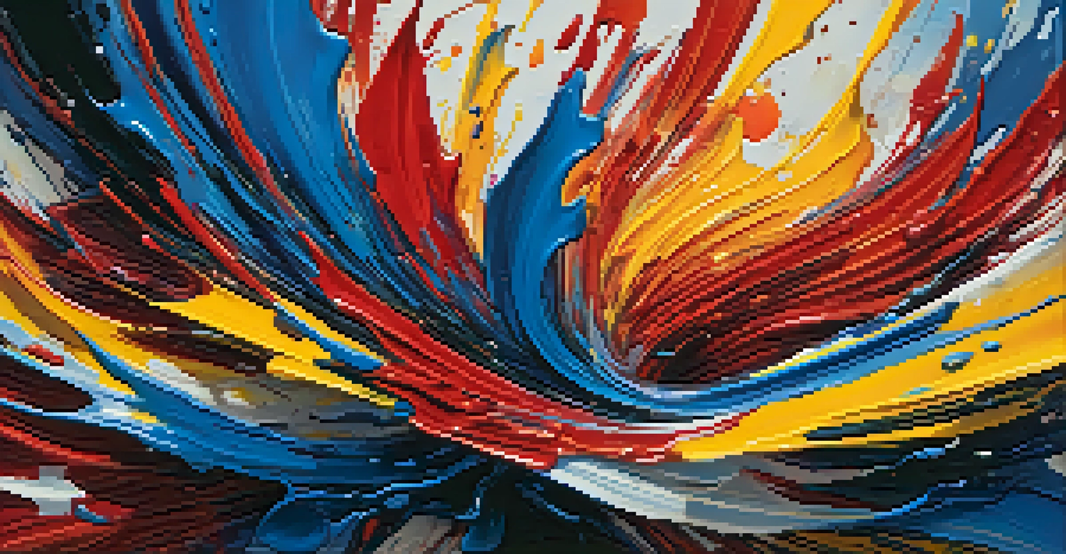 An abstract acrylic painting with bold colors and swirling patterns, conveying energy and movement.