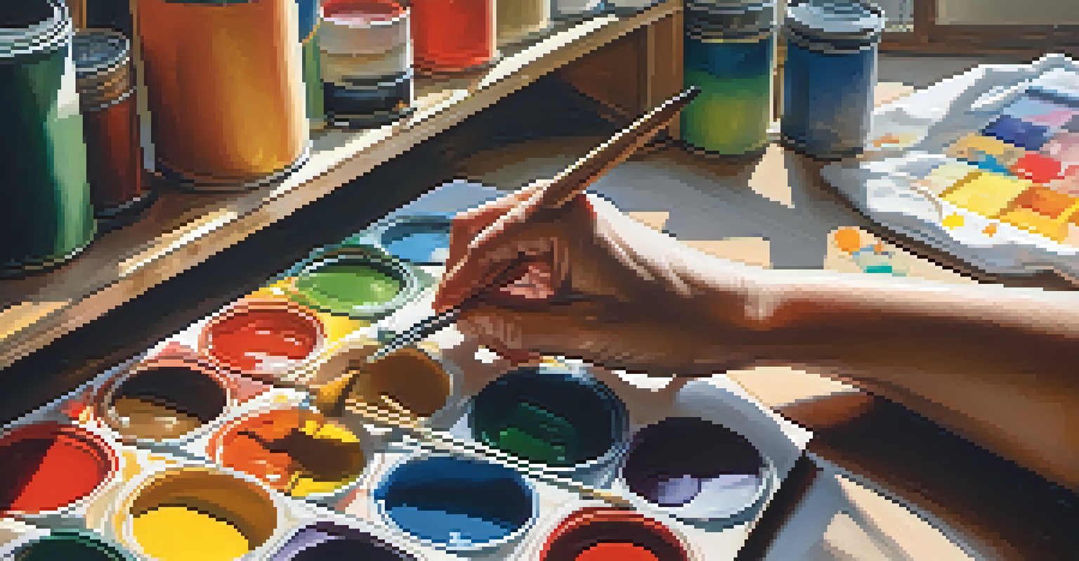 An artist's hands painting on a canvas in a colorful studio filled with art supplies and natural light.