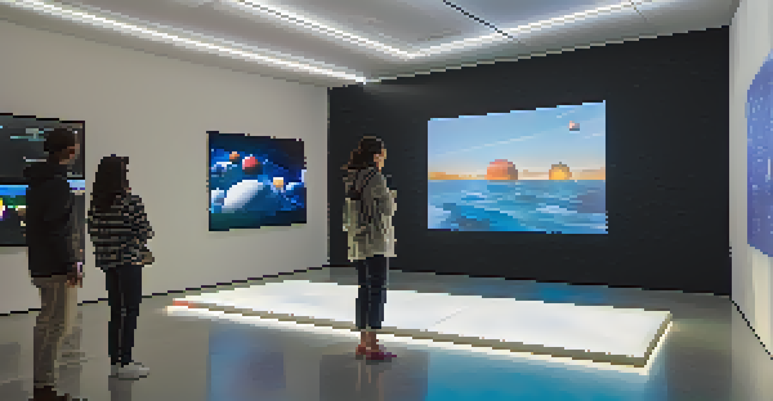 A digital exhibition space with interactive art screens and visitors engaging with the technology.